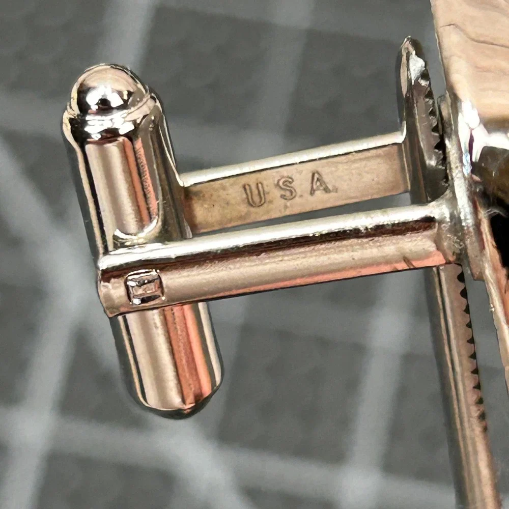 Vintage Hickok USA Cufflinks Silver‎ Tone Square Blue Black Swirl Toggle Back